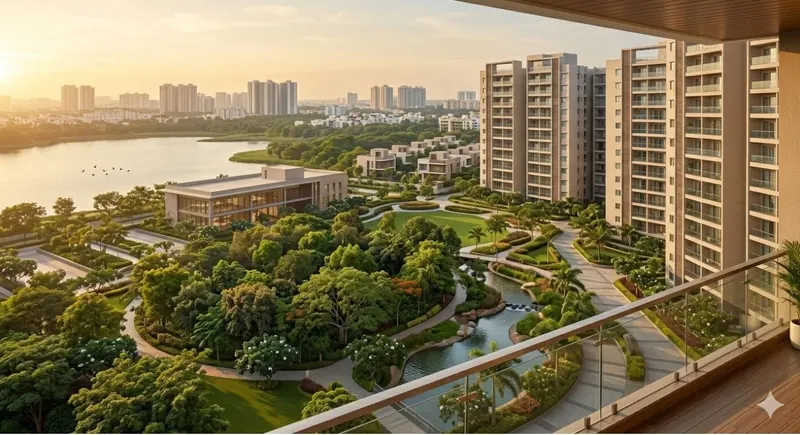 Balcony view over the lake, clubhouse and landscaped gardens at Abhee City Urban Glenn