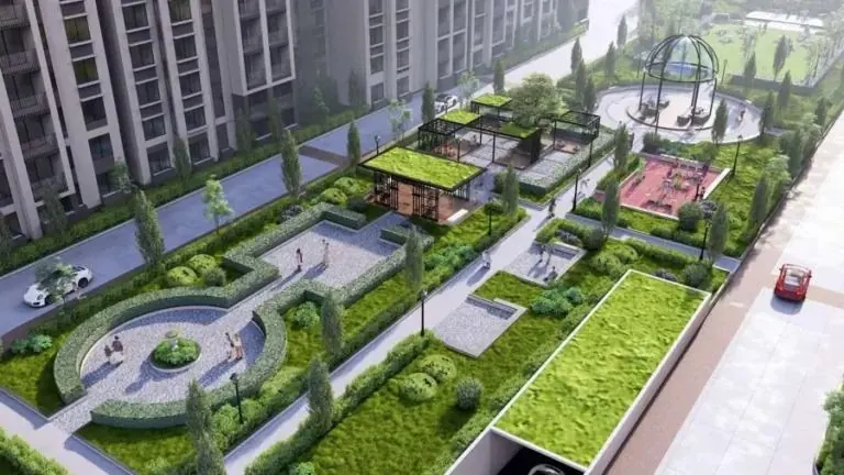 Aerial view of landscaped gardens, pergolas and play area between the towers at Abhee City Urban Glenn